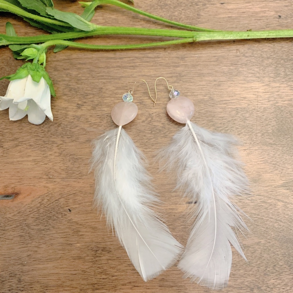 Natural Rose Quartz Feather Earrings